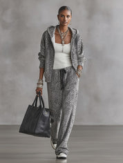 Leopard Print Zip-Up Hoodie and Wide-Leg Pants Lounge Set