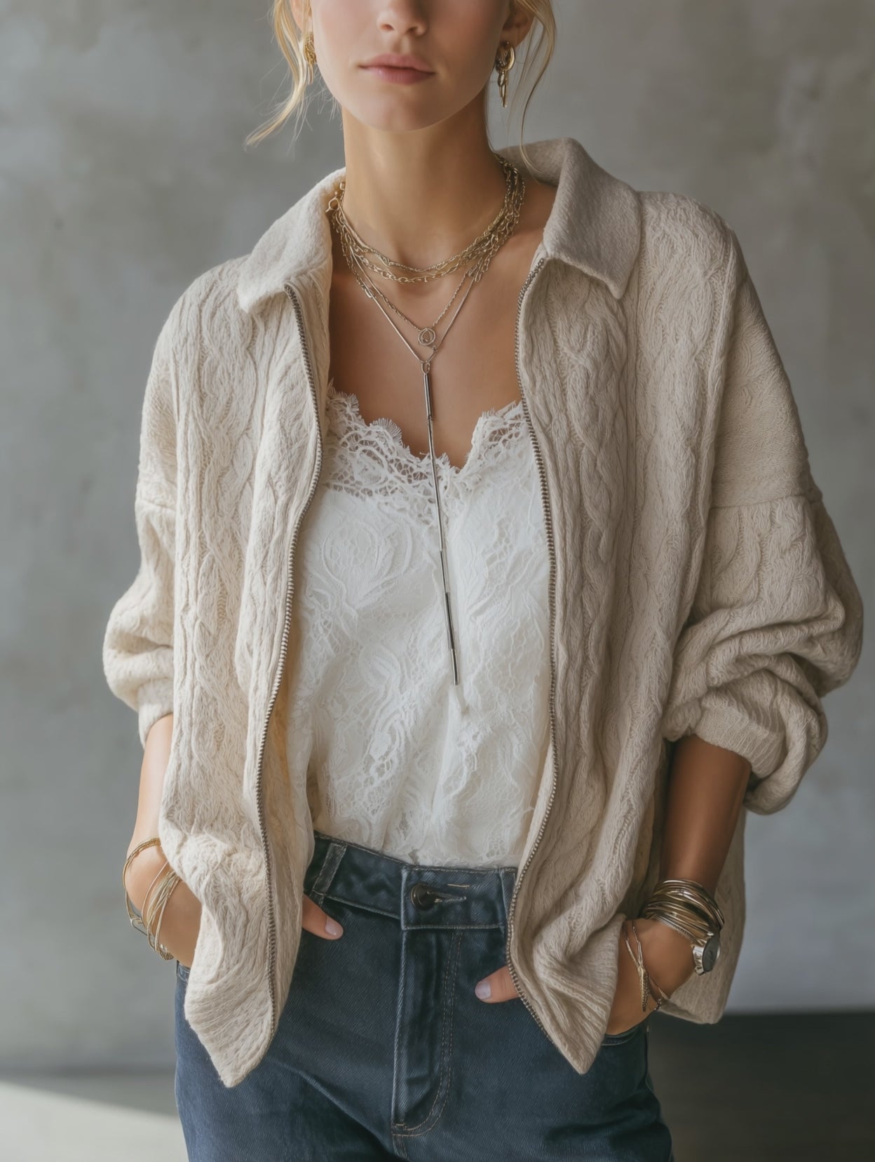 Textured Cable Knit Zip-Up Relaxed Fit Jacket