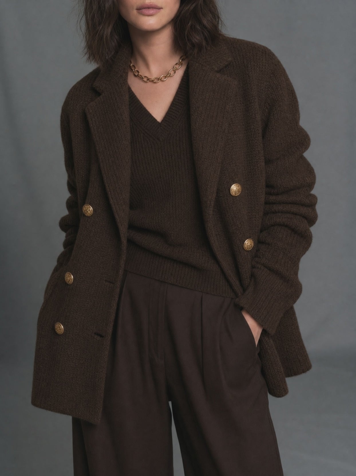 Women's Double-Breasted Knit Blazer with Gold Buttons