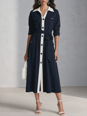 Women's Color Block Long Sleeve Button Down Belted Shirt Midi Dress