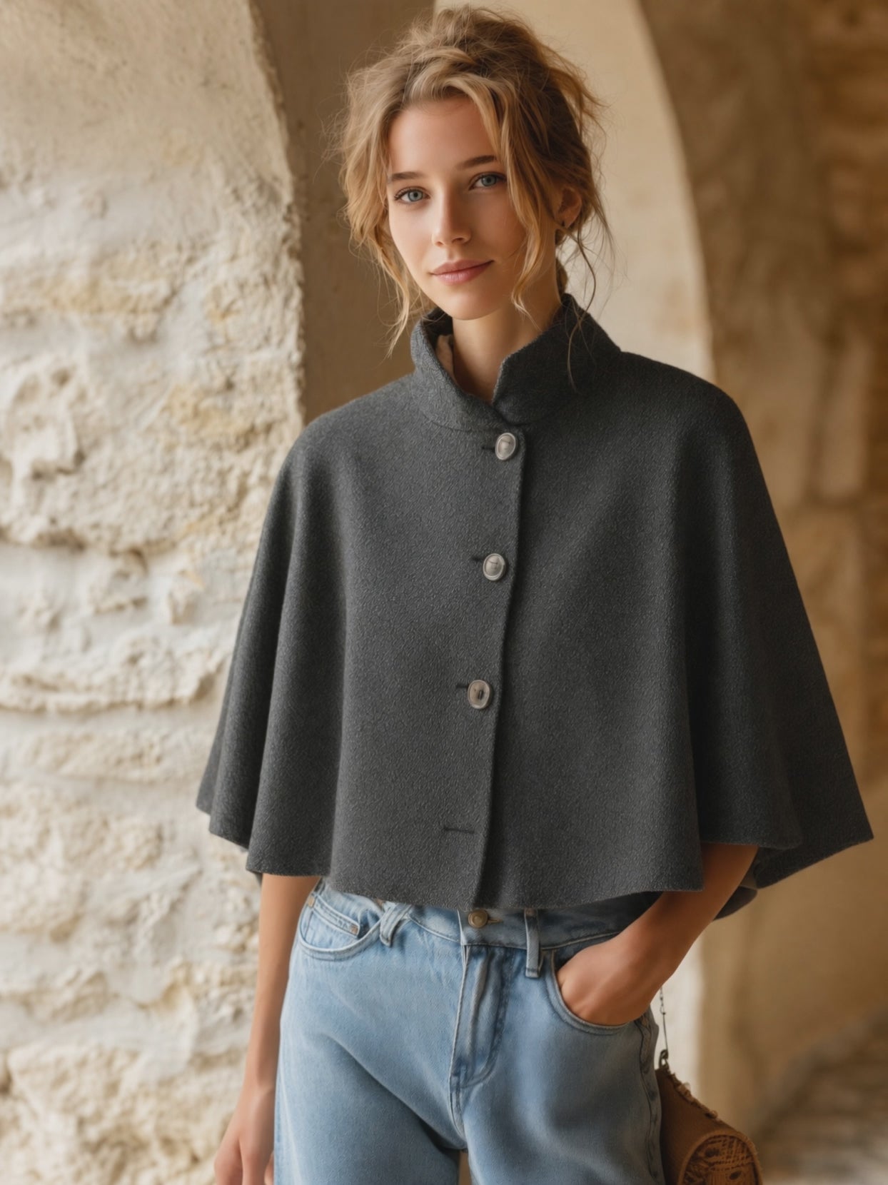 Women's Stand Collar Button-Up Cape Cloak Poncho Coat