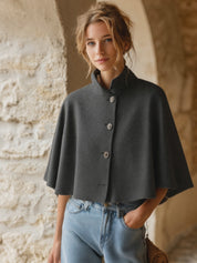 Women's Stand Collar Button-Up Cape Cloak Poncho Coat