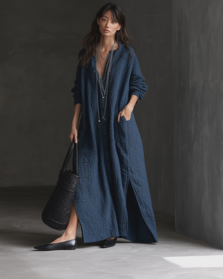 Textured Long Sleeve Button-Front Maxi Shirt Dress