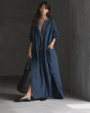 Textured Long Sleeve Button-Front Maxi Shirt Dress