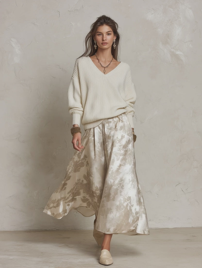 Elegant V-Neck Ribbed Sweater & Jacquard Skirt Set