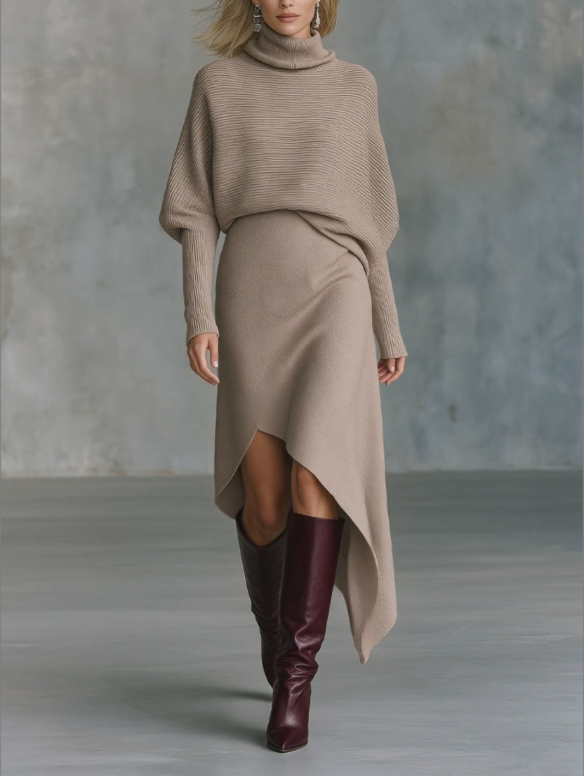 Turtleneck Batwing Sleeve Sweater & Asymmetric Hem Skirt Knit Two-Piece Set