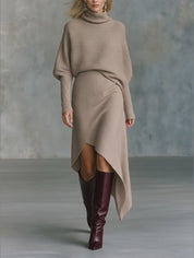 Turtleneck Batwing Sleeve Sweater & Asymmetric Hem Skirt Knit Two-Piece Set