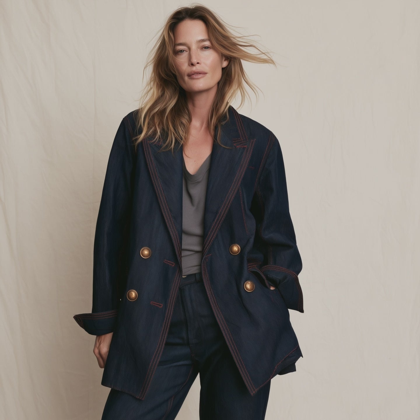 Women's Oversized Double-Breasted Contrast Stitching Denim Blazer