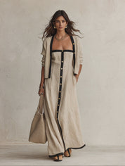 Contrast-Trim Button-Front Linen Maxi Dress Set