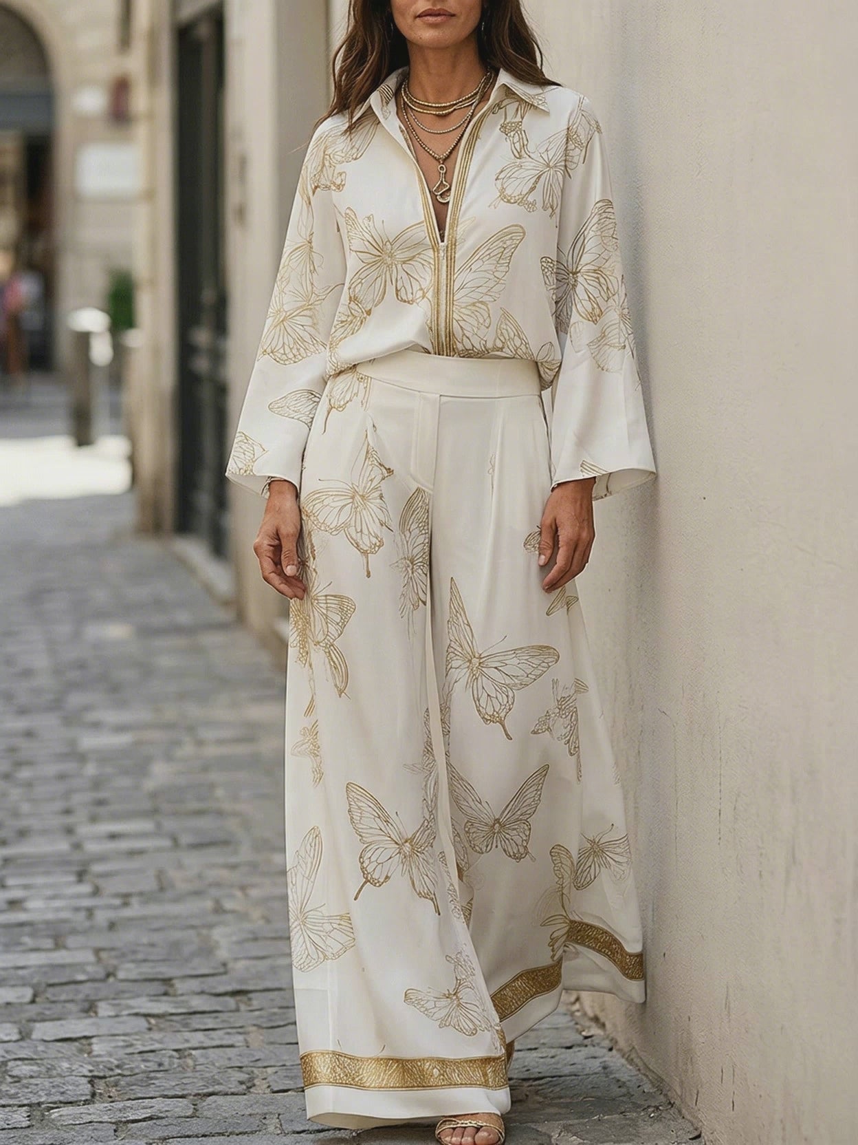 Bohemian Luxe Butterfly Jacquard Blouse & Wide-Leg Pants Set