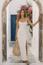 Elegant White Minimal Strappy Slit Maxi Dress