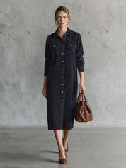 Timeless Navy Corduroy Shirt Midi Dress