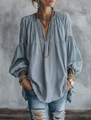 Striped V-Neck Lantern Sleeve Oversized Blouse