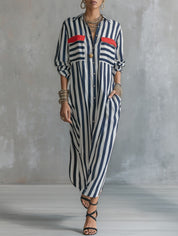 Women's Striped Long Sleeve Button-Up Contrast Pocket Maxi Shirt Dress