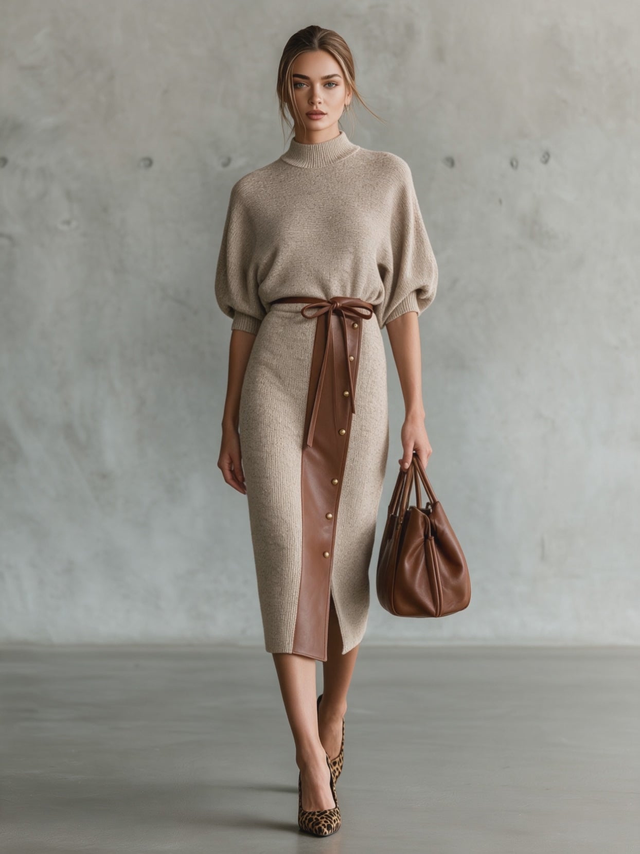 Modern Heritage Oatmeal Knit & Brown Leather Skirt Set