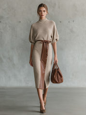 Modern Heritage Oatmeal Knit & Brown Leather Skirt Set