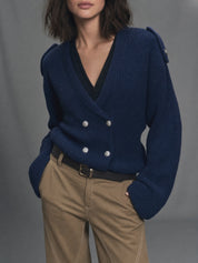 Autical Luxe Navy Double-Breasted Knit Cardigan Top
