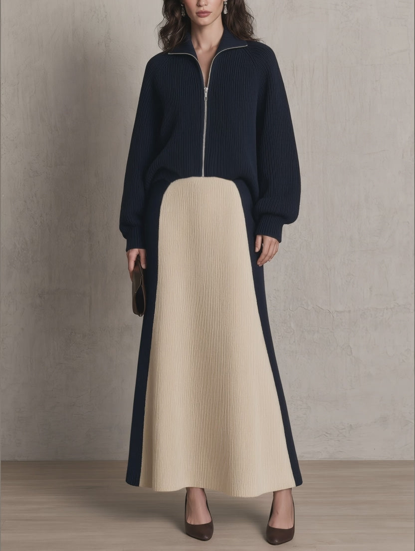 Women's Zip-Up Ribbed Knit Sweater and Color Block Maxi Skirt Two-Piece Set