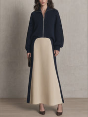 Women's Zip-Up Ribbed Knit Sweater and Color Block Maxi Skirt Two-Piece Set