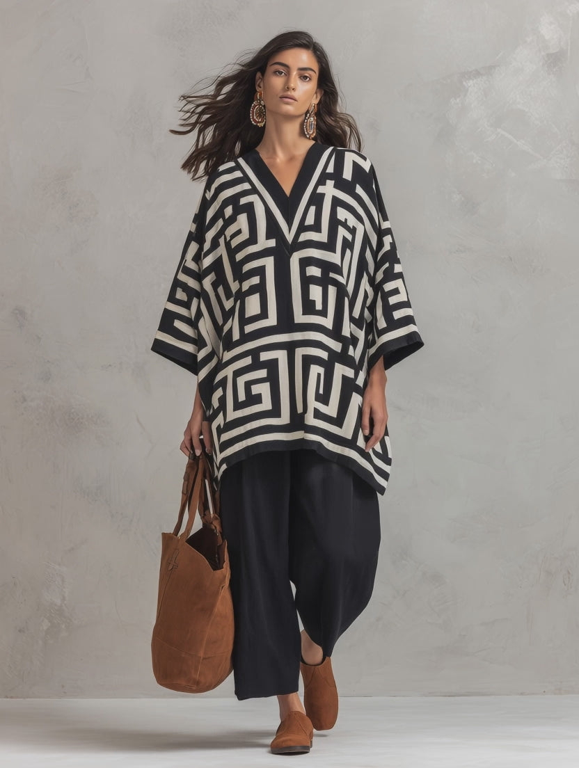 Artisan Cotton Blend Oversized-Fit Monochrome Pattern Poncho Blouse And Pant Set