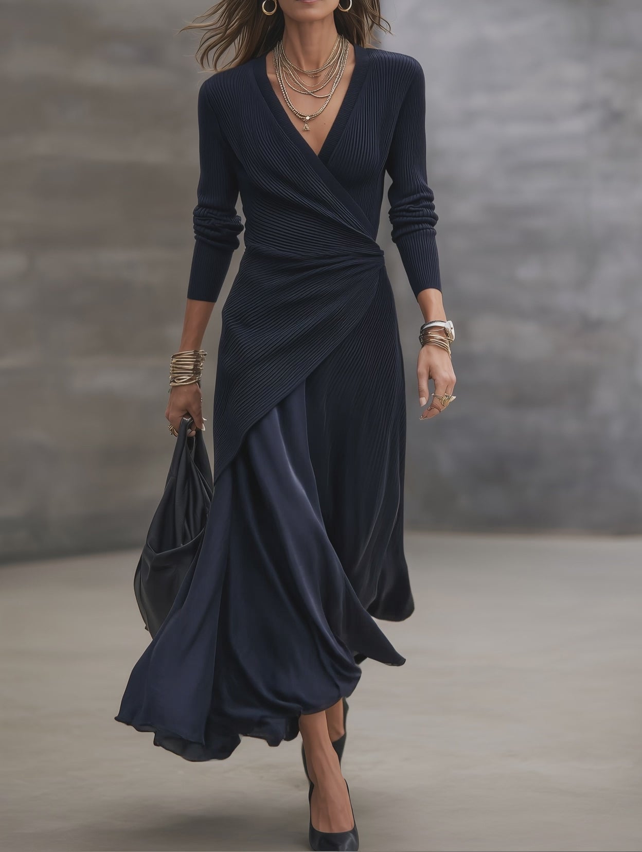 Women's V-Neck Long Sleeve Ribbed Wrap Satin Splicing Maxi Dress