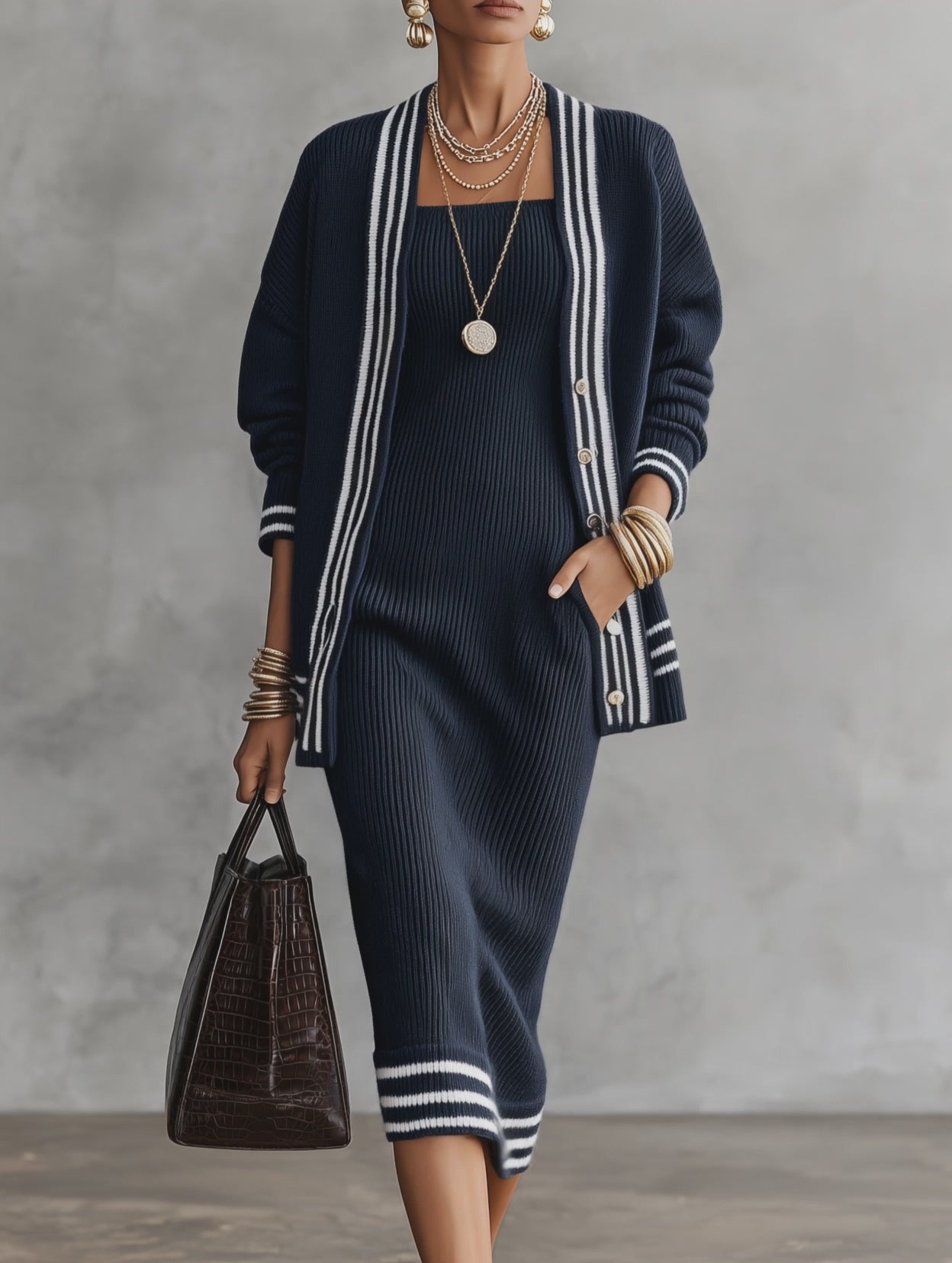 Women's Striped Trim Knit Cardigan and Ribbed Midi Dress Set