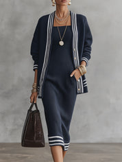 Women's Striped Trim Knit Cardigan and Ribbed Midi Dress Set