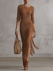 Women's Long Sleeve Ribbed Knit Fringe Hem Bodycon Maxi Dress