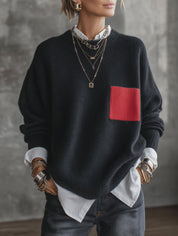 Women's Oversized Crew Neck Contrast Pocket Sweater