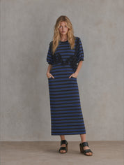 Artistic Luxe Striped Knit Floral Appliqué Midi Dress