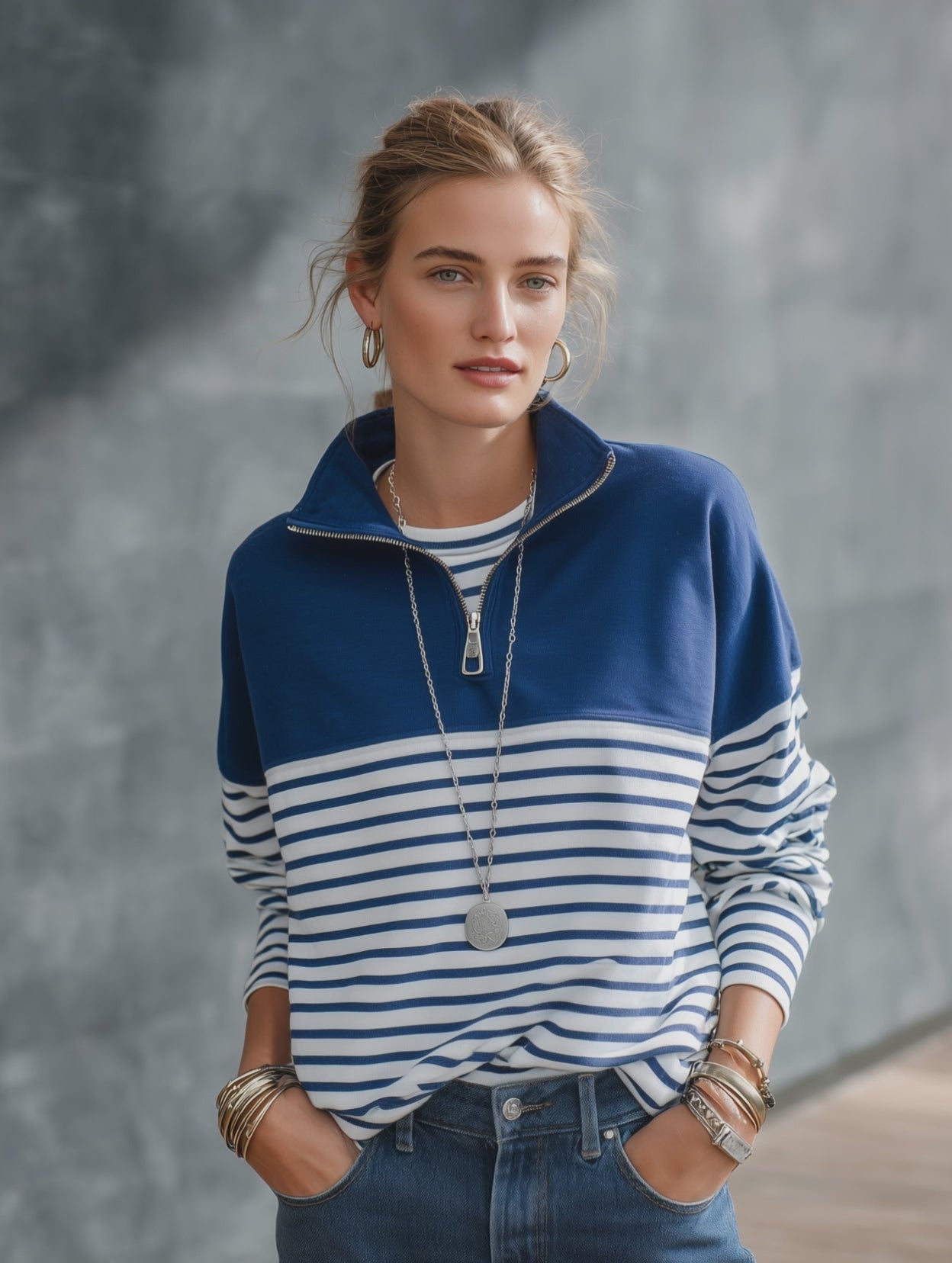 Women's Navy Blue Striped Quarter-Zip Pullover Sweatshirt