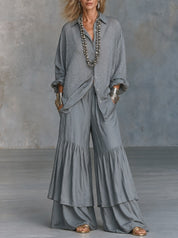 Women's Leopard Jacquard Oversized Shirt & Wide Leg Tiered Pants Two-Piece Set