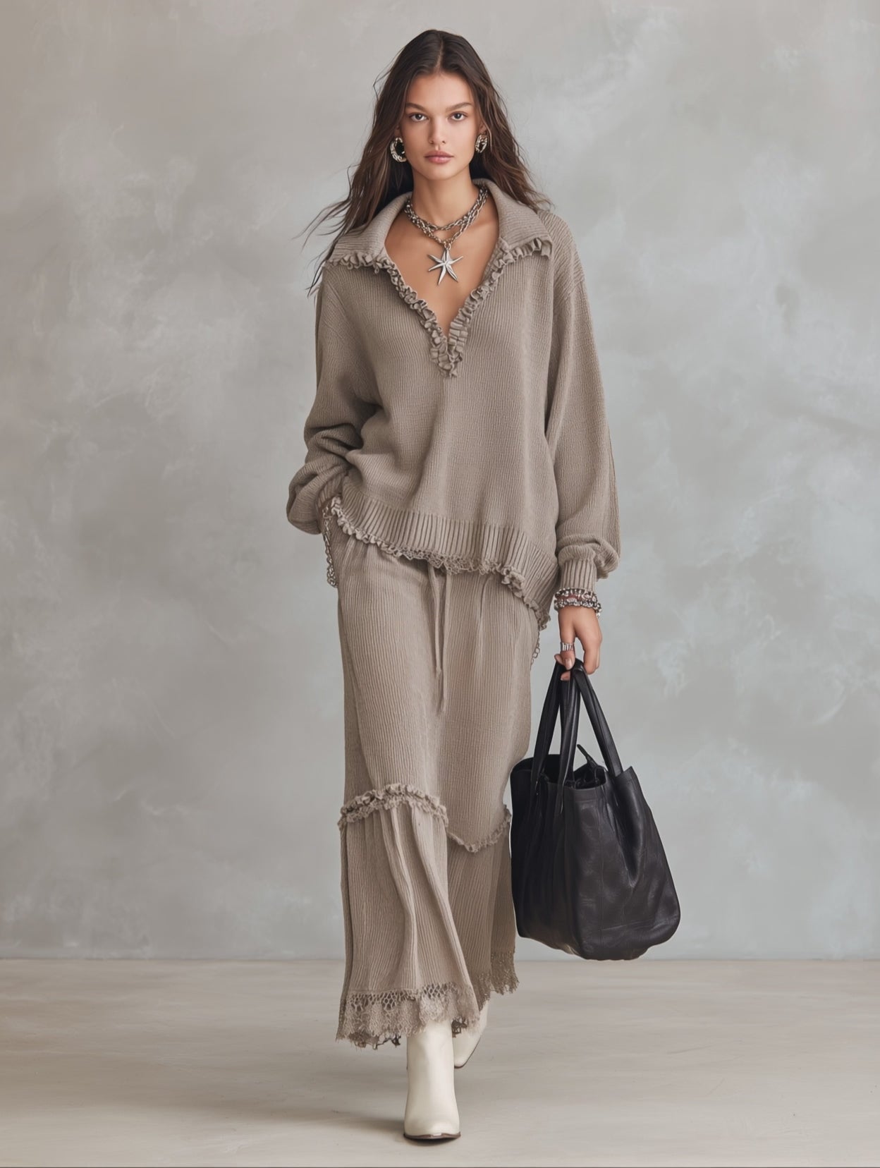Ruffle Trim Collared Knit Sweater & Maxi Skirt Two-Piece Set