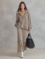 Ruffle Trim Collared Knit Sweater & Maxi Skirt Two-Piece Set