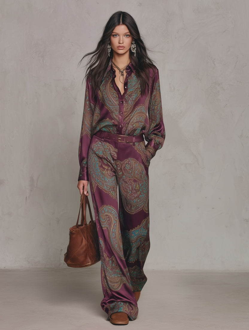 Paisley Print Satin Long Sleeve Shirt & Wide Leg Pants Set