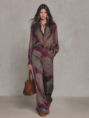 Paisley Print Satin Long Sleeve Shirt & Wide Leg Pants Set