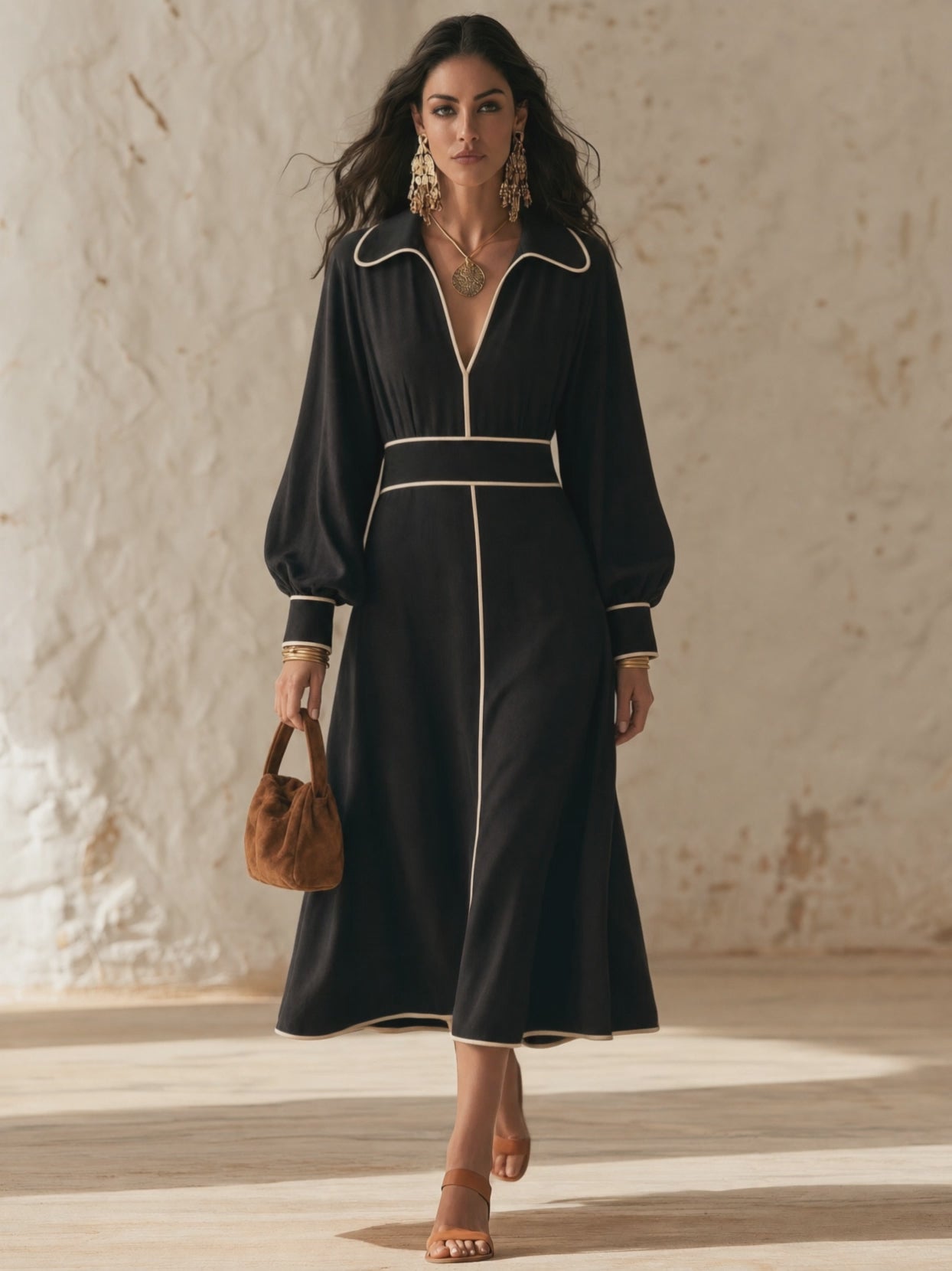Contrast Piping V-Neck Collared Long Sleeve Midi Dress