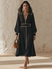 Contrast Piping V-Neck Collared Long Sleeve Midi Dress