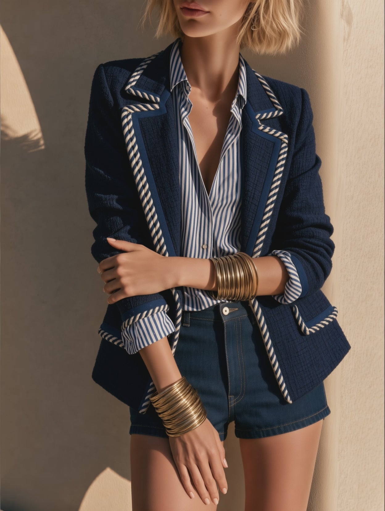 Navy Tweed Blazer With Striped Rope Trim Detail Top