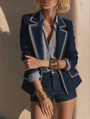 Navy Tweed Blazer With Striped Rope Trim Detail Top