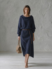 Effortless Navy Belted Knit Midi Dress