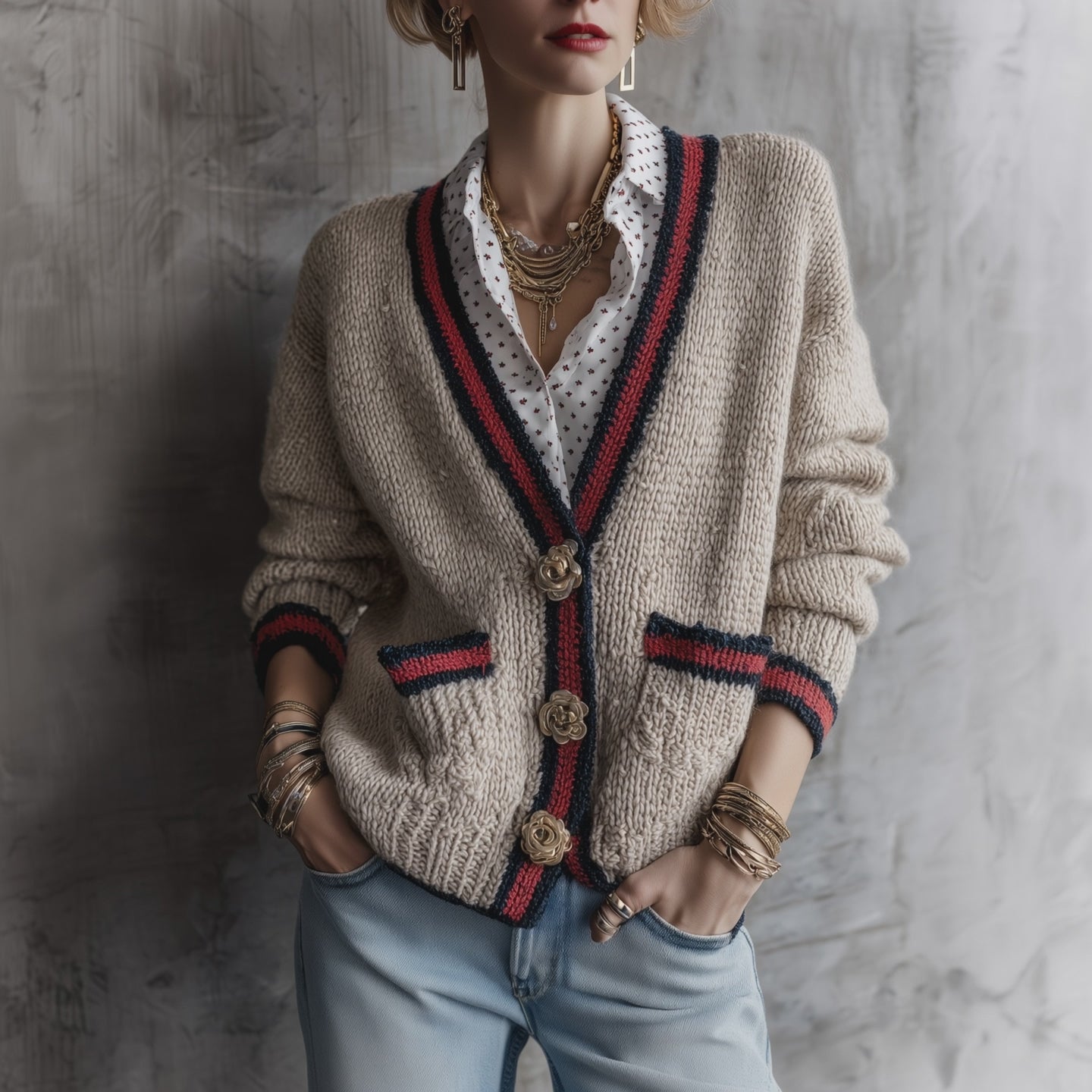 Women's Contrast Striped Trim Floral Buttons Knit Cardigan