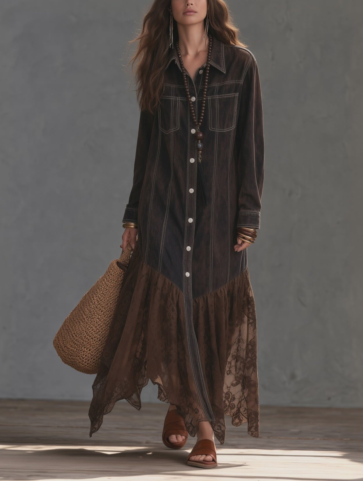 Women's Long Sleeve Denim Maxi Dress with Lace Handkerchief Hem