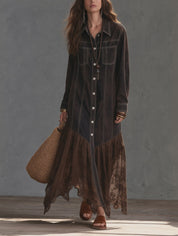 Women's Long Sleeve Denim Maxi Dress with Lace Handkerchief Hem