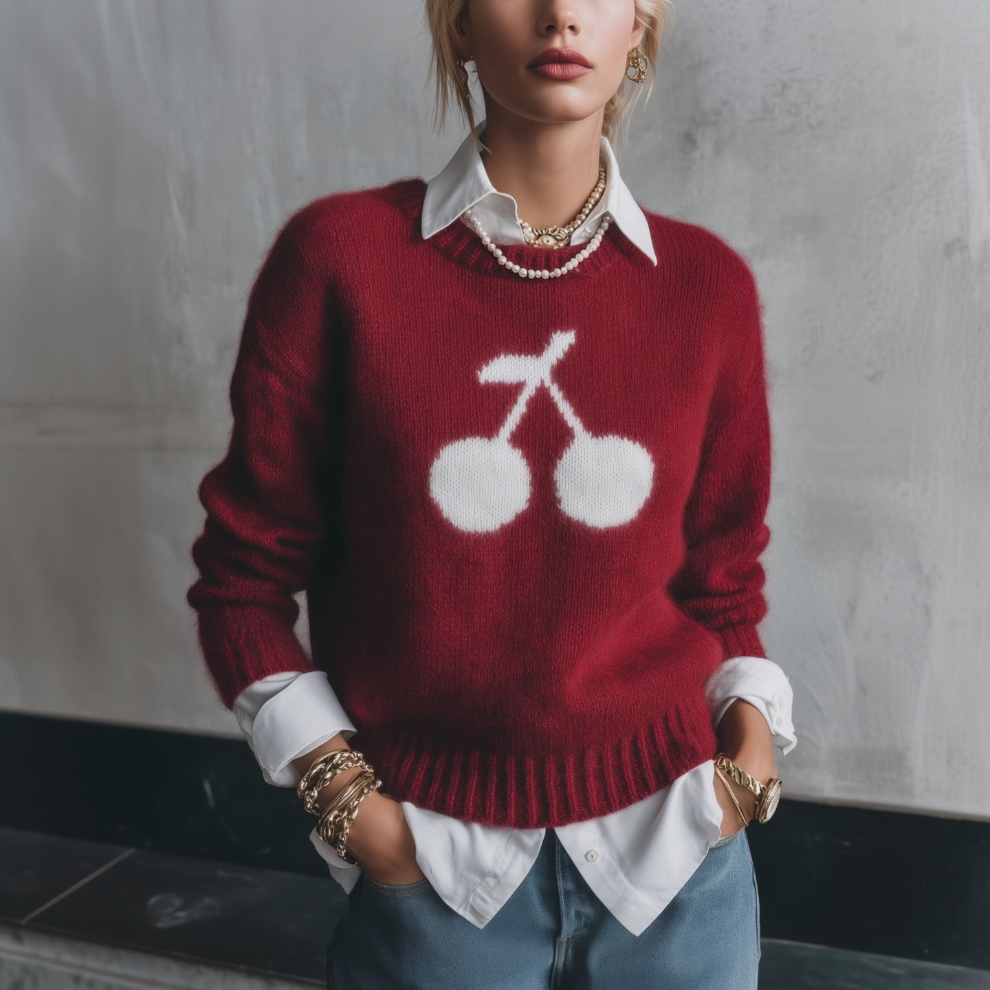 Women's Cherry Intarsia Crew Neck Mohair Sweater
