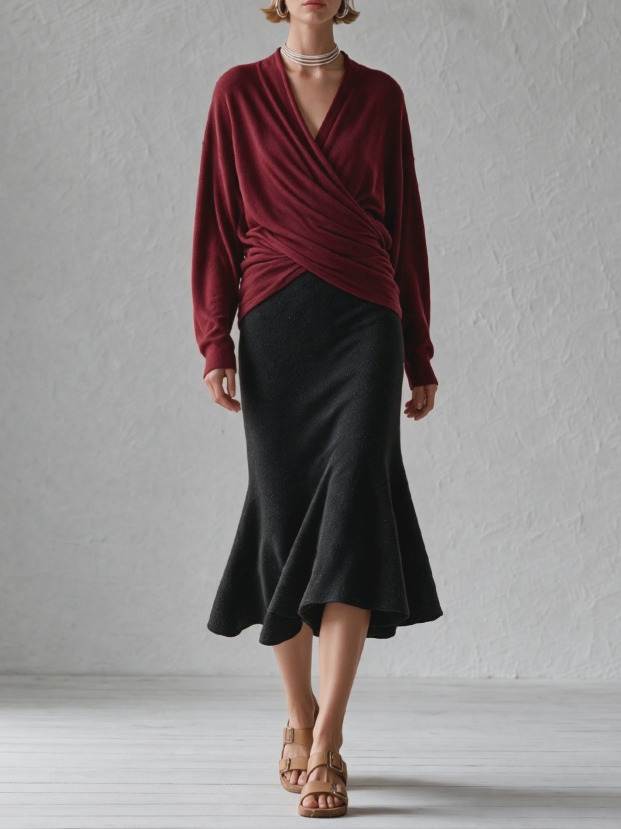 Effortless Evening Wrap Top & Mermaid Midi Skirt Set