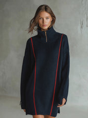 Half-Zip Turtleneck Contrast Stripe Oversized Sweater Dress