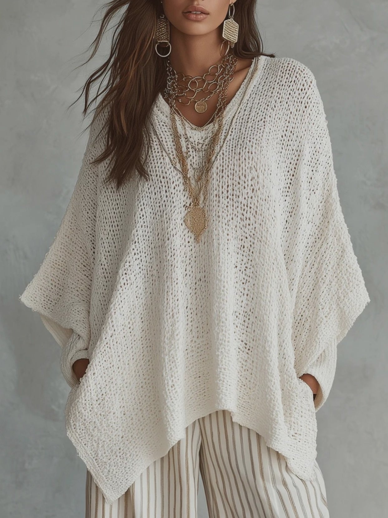 Effortless Neutral Bohemian Pullover Knit Top