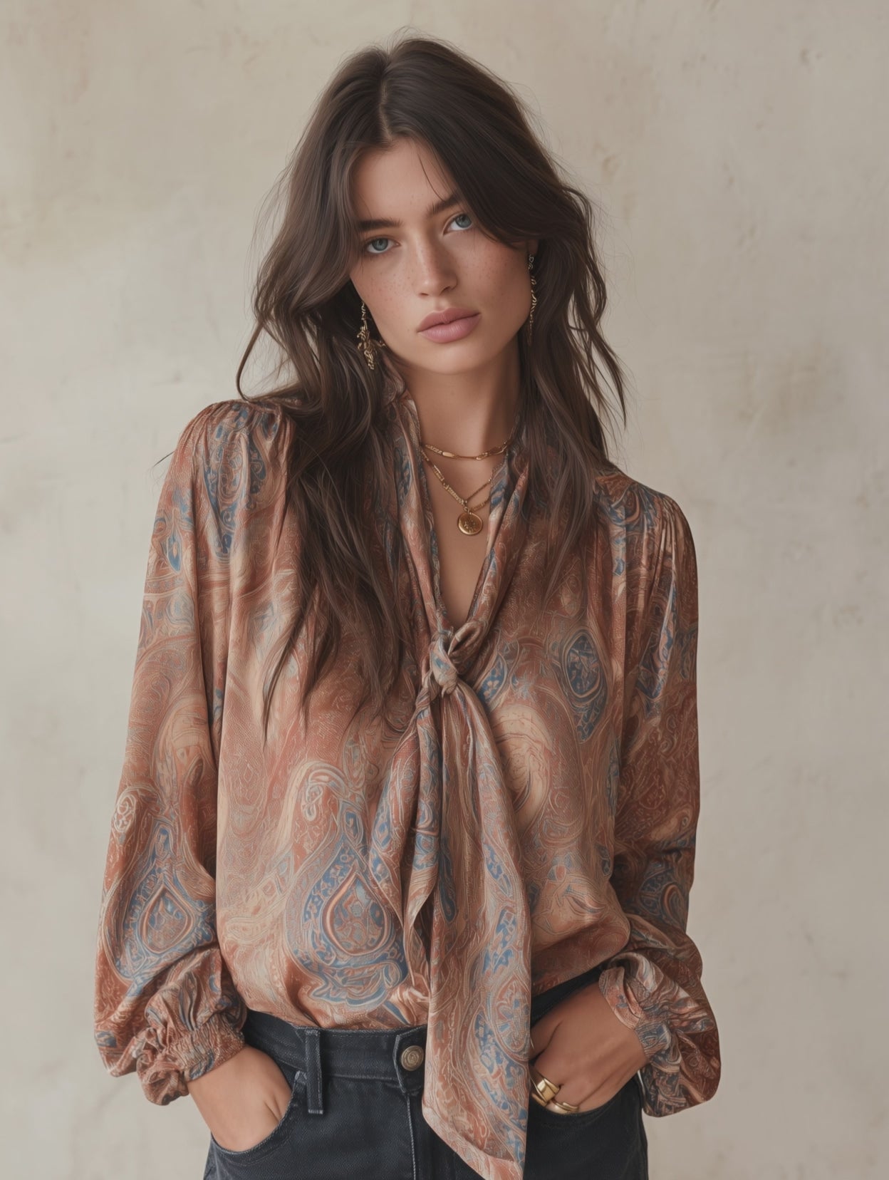 Women's Paisley Print Tie-Neck Long Sleeve Satin Blouse