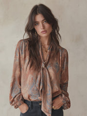 Women's Paisley Print Tie-Neck Long Sleeve Satin Blouse